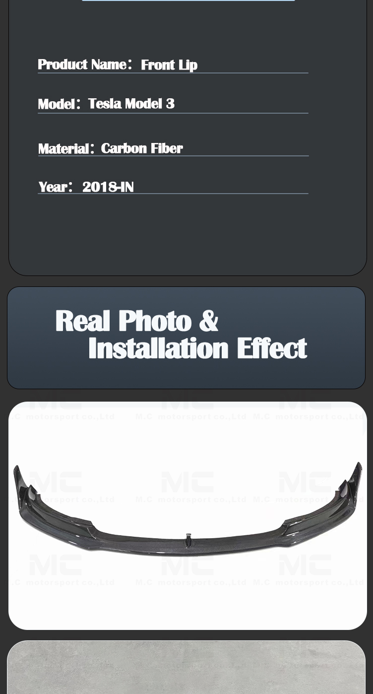 For Tesla Model 3 V Style Carbon Fiber Front Lip
