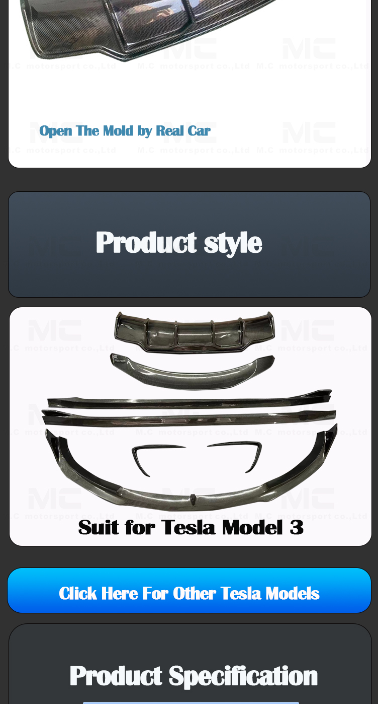 For Tesla Model 3 V Style Carbon Fiber Body Kits