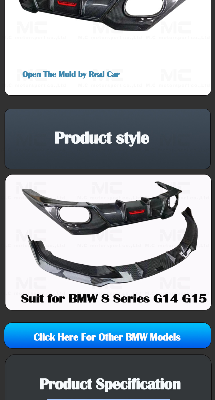 For BMW 8 Series G14 G15 G16 Carbon Fiber Body Kits Front Lip Rear Diffuser With Led Light