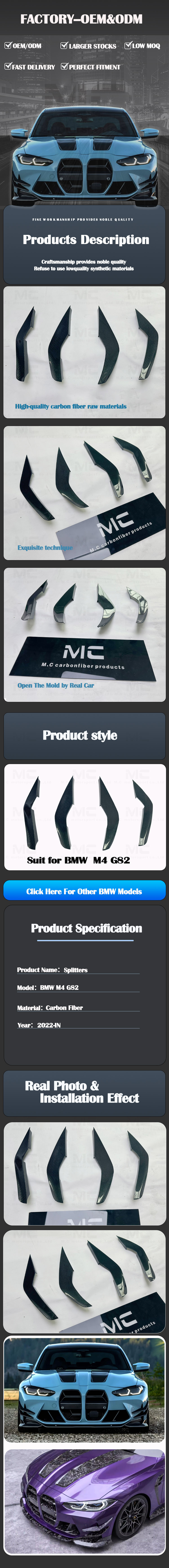 For BMW M4 G82 GT4 Style Carbon Fiber Front Bumper Canards 