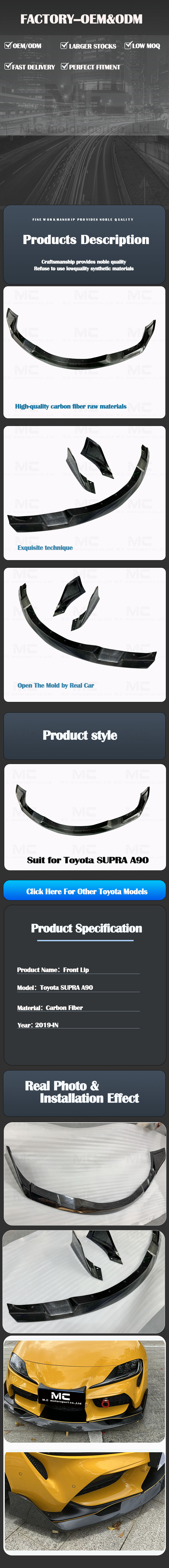 For Toyota SUPRA  A90 Three-Section Style Carbon Fiber Front Lip 2019+