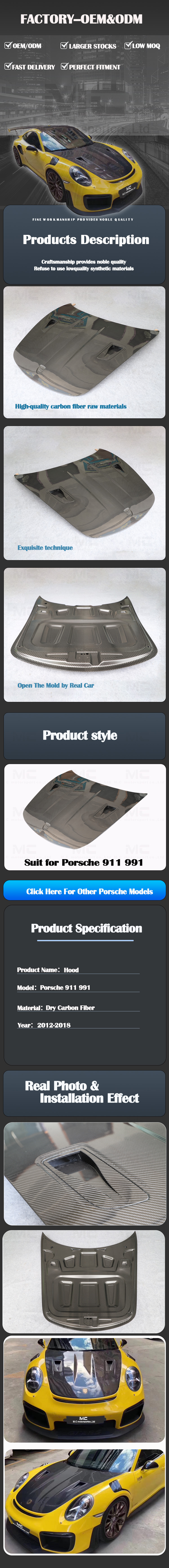 For Porsche 911 991 GT2 RS Style Dry Carbon Fiber Hood 2012-2018