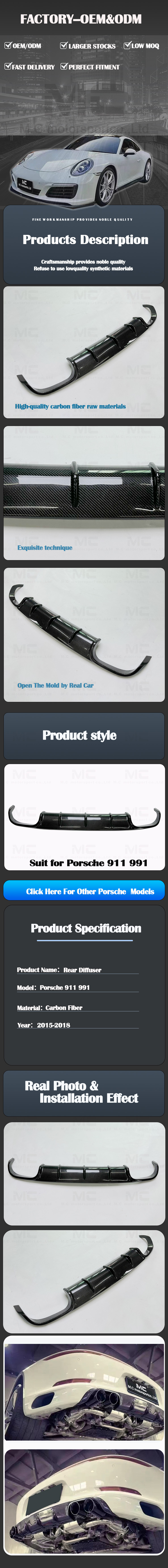 For Porsche 911 991 GT Style Carbon Fiber Rear Diffuser 2015-2018