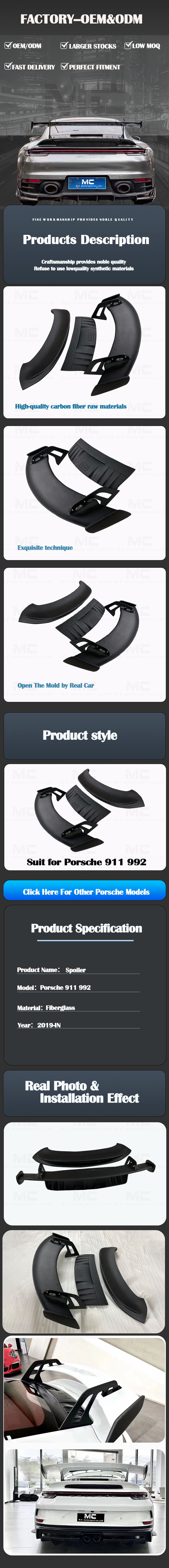 For Porsche 911 992 GT3 Style Fiberglass Rear Spoiler 2019+