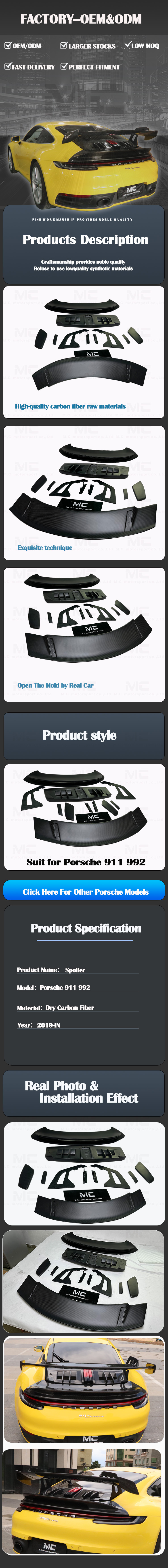 For Porsche 911 992 GT3 Style Dry Carbon Fiber Rear Spoiler 2019+