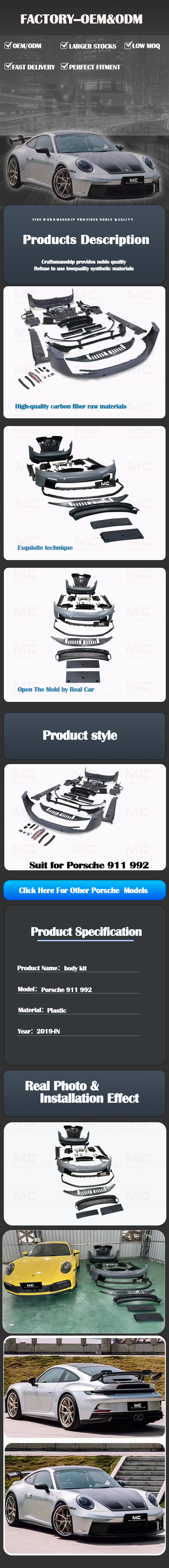 For Porsche 911 992 GT3 Style Carbon Fiber Body Kit 2019+