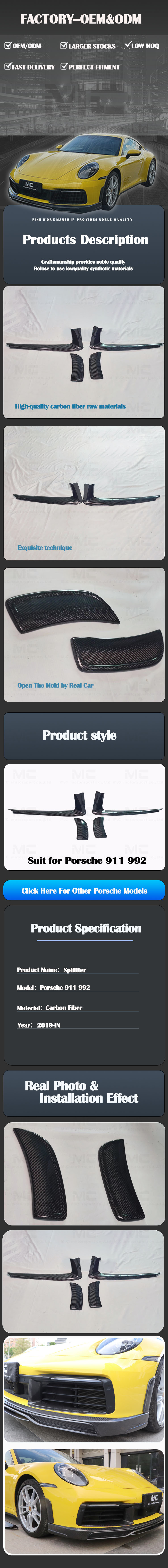 For Porsche 911 992 Carbon Fiber Front Bumper Wind Blade 2019+