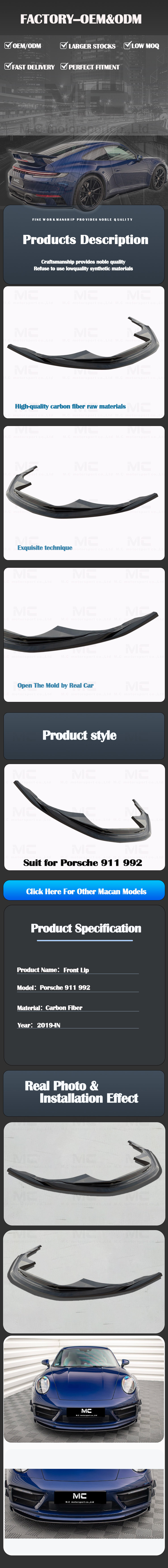 For Porsche 911 992 Carbon Fiber Front Lip 2019+