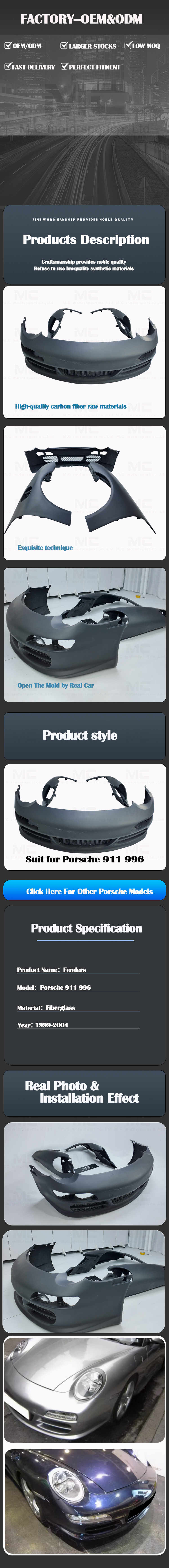 For Porsche 911 996 996 to 997 Style Fiberglass Front Bumper Fender Kit 1999-2004