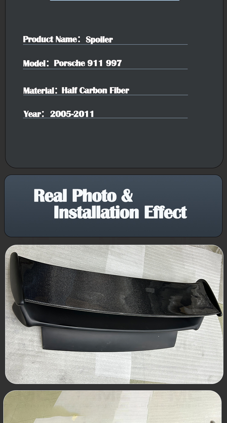 For Porsche 911 997 GT3 Style Half Carbon Fiber Rear Spoiler 2005-2011