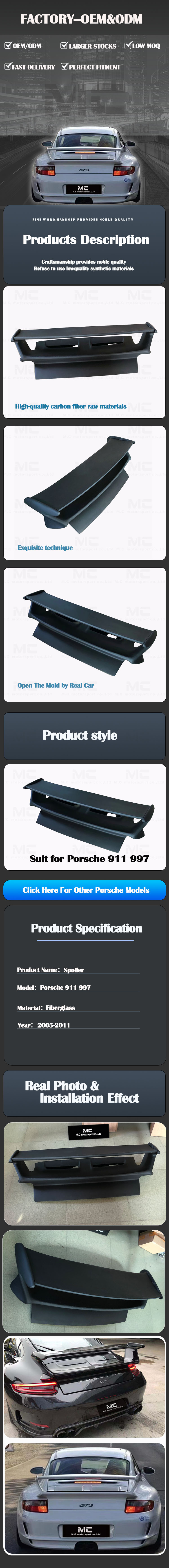 For Porsche 911 997 GT3 Style Fiberglass Rear Spoiler 2005-2011