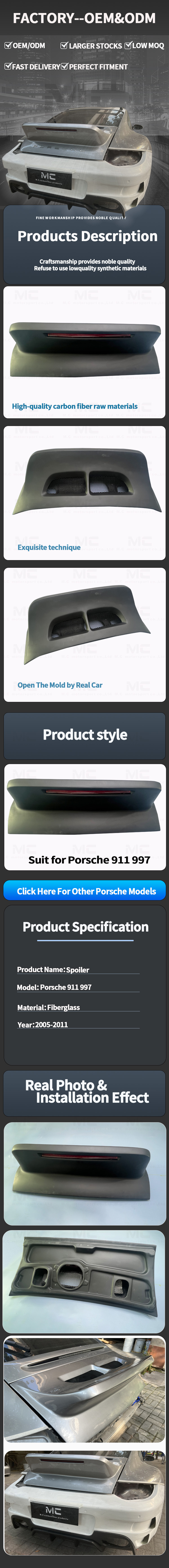 For Porsche 911 997 SC Style Fiberglass Rear Spoiler 2005-2011