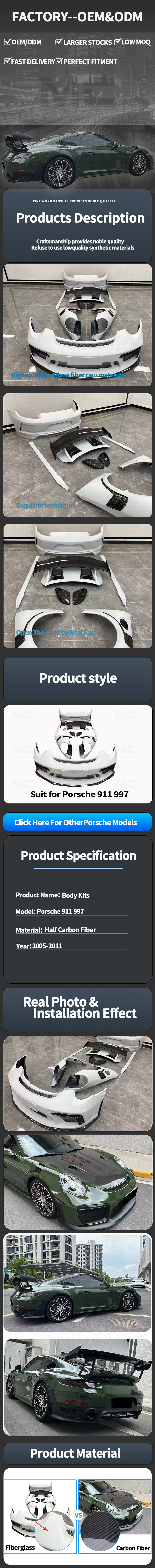 For Porsche 911 997 Half Carbon Fiber Body Kit 2005-2011