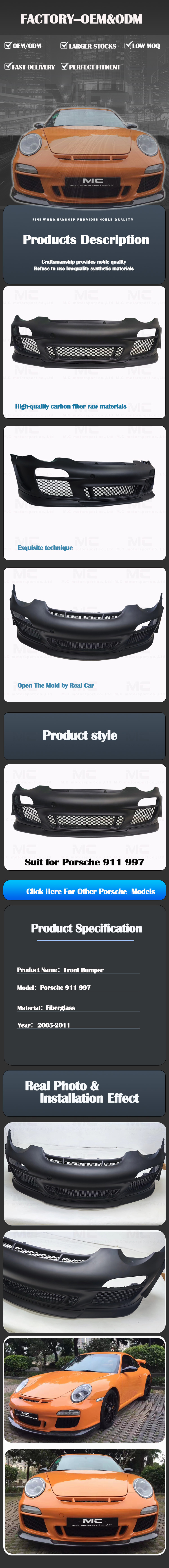 For Porsche 911 997 GT3 Style Fiberglass Front Bumper 2005-2011