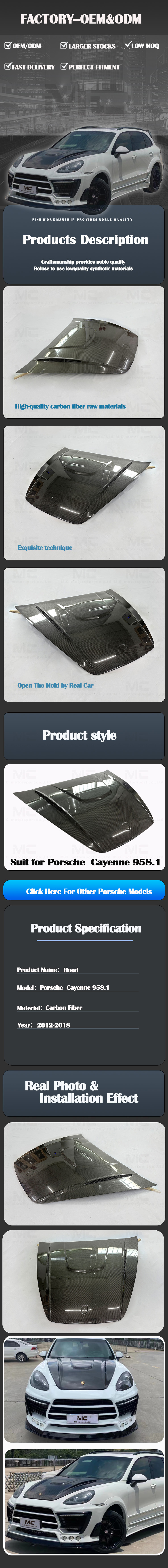 For Porsche Cayenne 958.1 HM Style Carbon Fiber Front Engine Hood 2012-2018