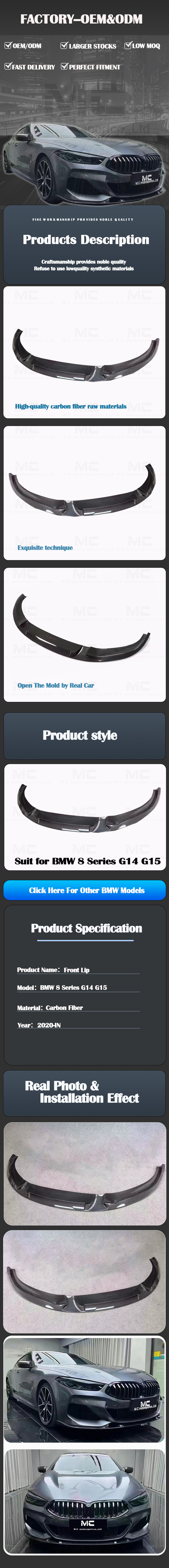 For BMW 8 Series G14 G15 Real Carbon Fiber Body Kit 3D Style Front Lip 2020+