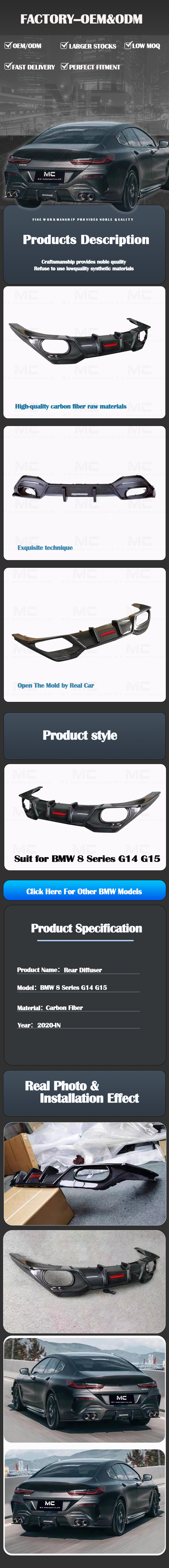 For BMW 8 Series G14 G15 Carbon Fiber Body Kit AC Style Rear Bumper Lip Rear Diffuser 2020+