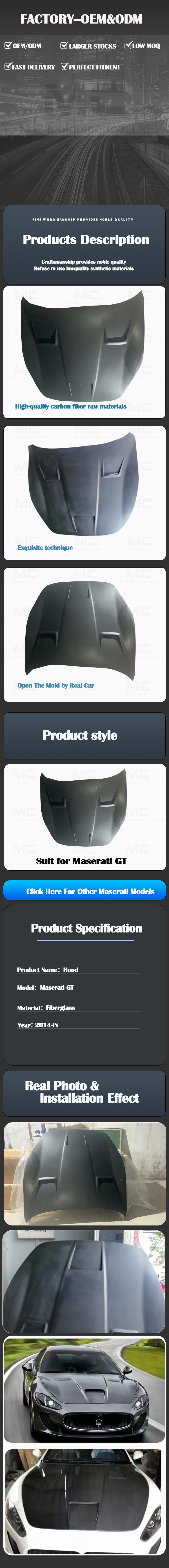 For Maserati GT Fiberglass Hood 2014-IN