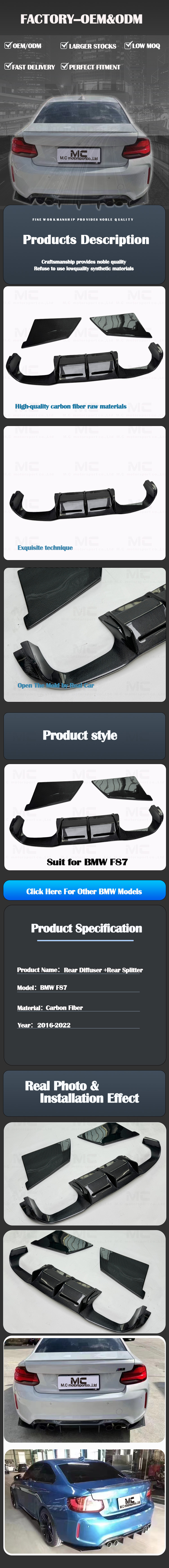 For BWM F87 MTC Style Carbon Fiber Rear Diffuser+Rear Splitter 2016-2022