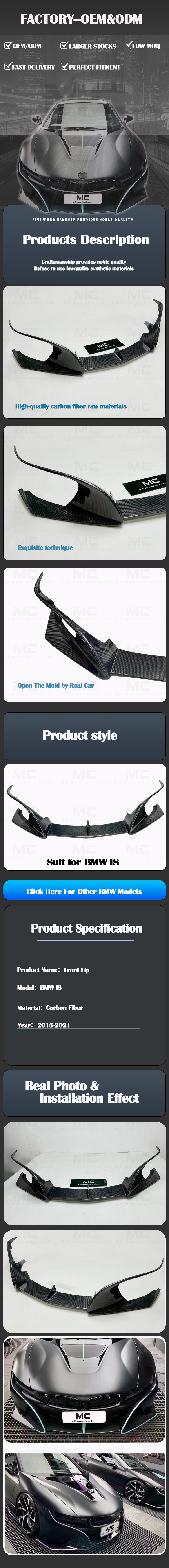 For BMW I8 Top Style Carbon Fiber Front Lip 2015-2021