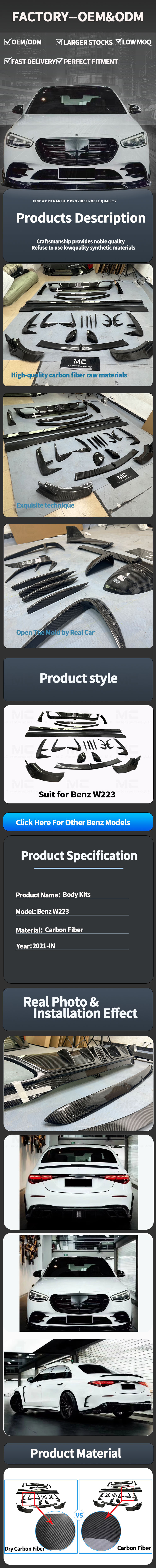 For Mercedes Benz W223 Carbon Fiber Body Kit 2021+