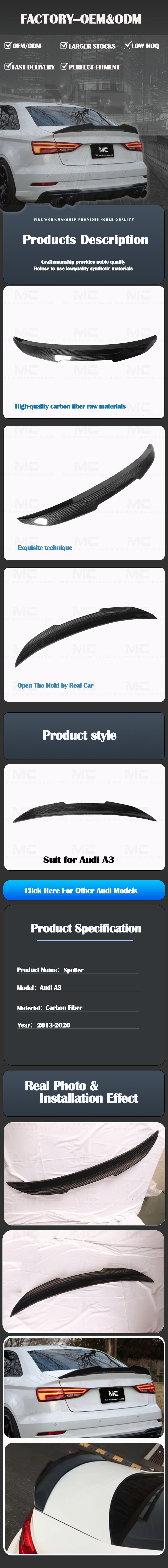 For Audi A3 PSM Style Carbon Fiber Spoiler 2013-2020