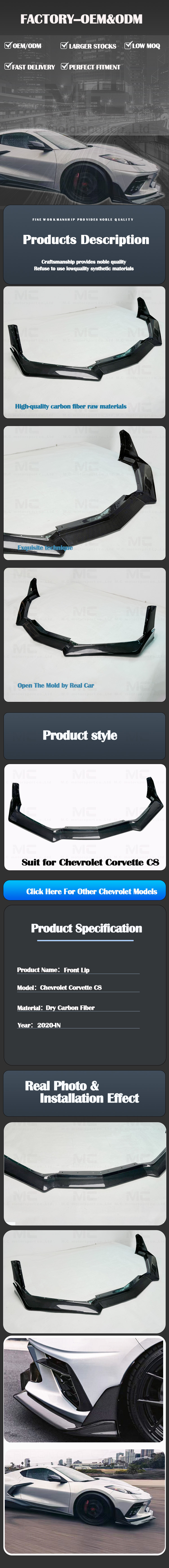 For CHEVROLET Corvette C8 ZR1 ZTK Style Dry Carbon Fiber Front Lip 2020+