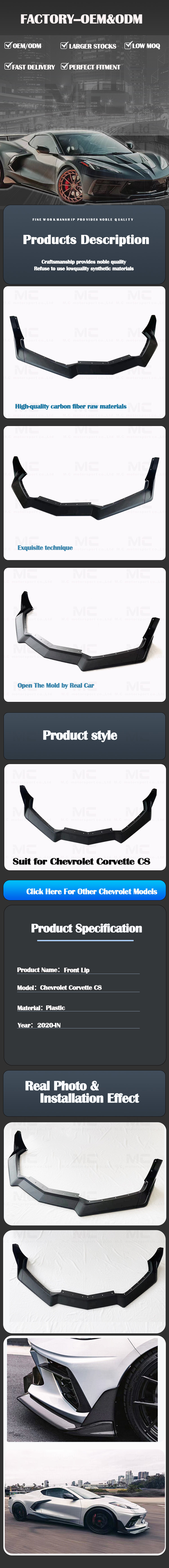 For CHEVROLET Corvette C8 ZR1 ZTK Style Plastic Front Lip 2020+