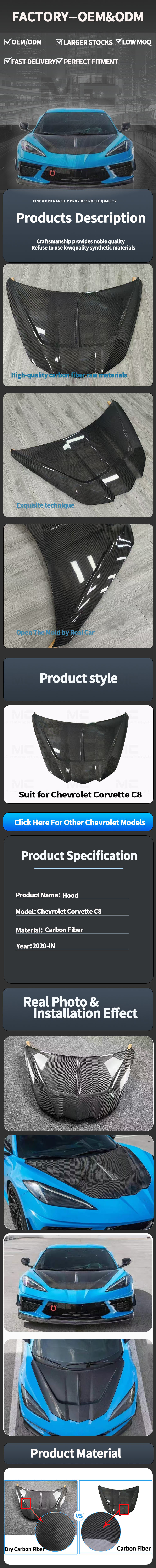For CHEVROLET Corvette C8 ST Style Carbon Fiber Hood 2020+
