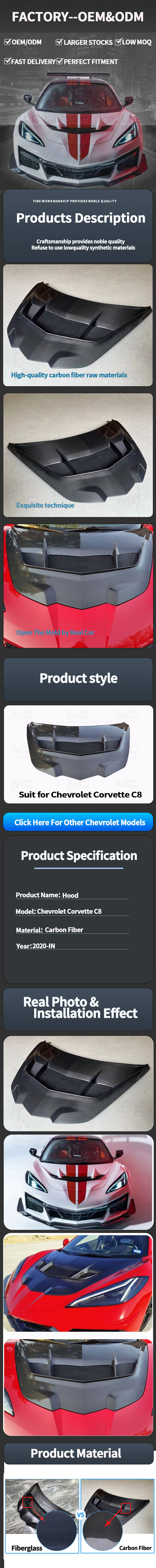For CHEVROLET Corvette C8 ZR1-2 Style Carbon Fiber Hood 2020+