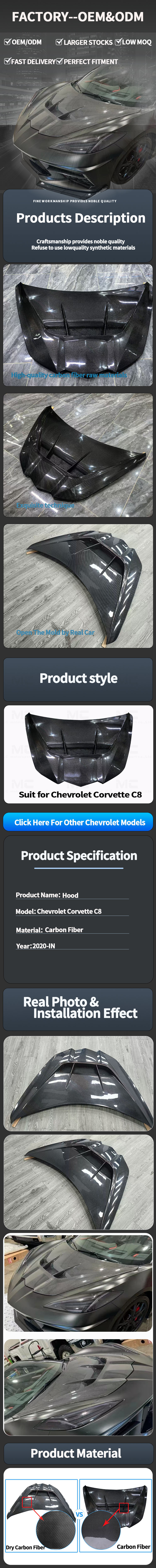 For CHEVROLET Corvette C8 ZR1-1 Style Carbon Fiber Hood 2020+