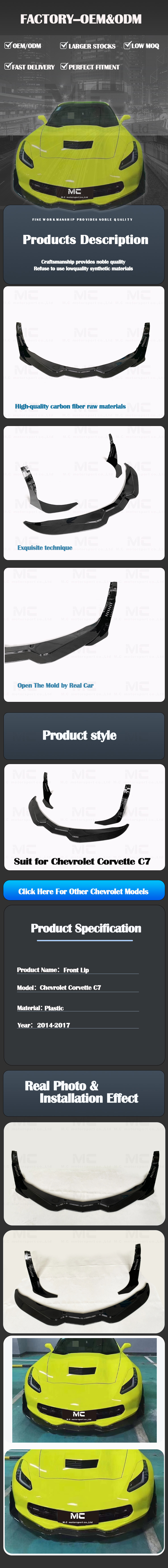 For CHEVROLET Corvette C7 ZR1 Style Plastic Front Lip 2014-2017