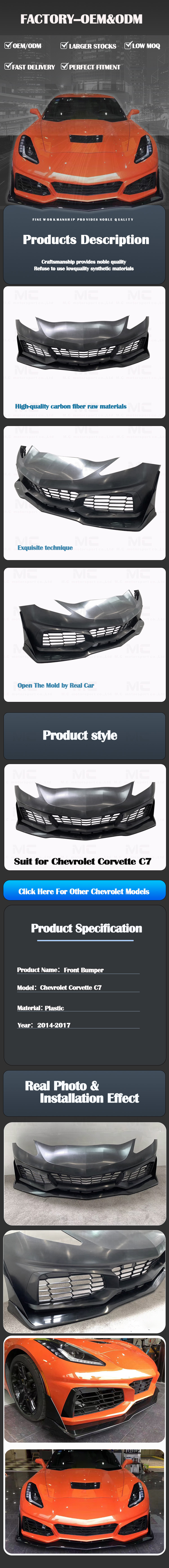 For CHEVROLET Corvette C7 ZR1 Style Plastic Front Bumper 2014-2017