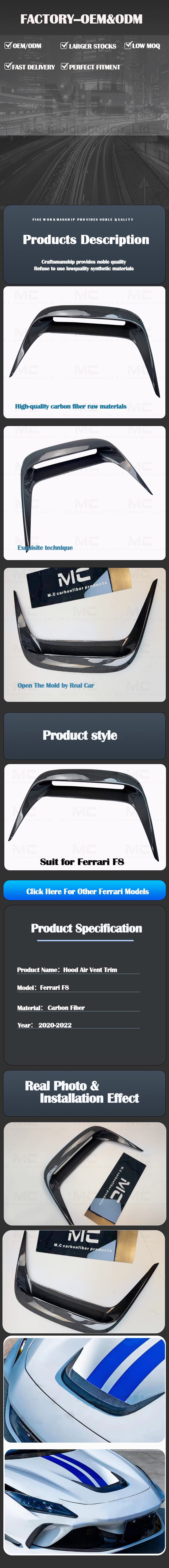 For Ferrari F8 Carbon Fiber Hood Air Vent Trims 2020-2022