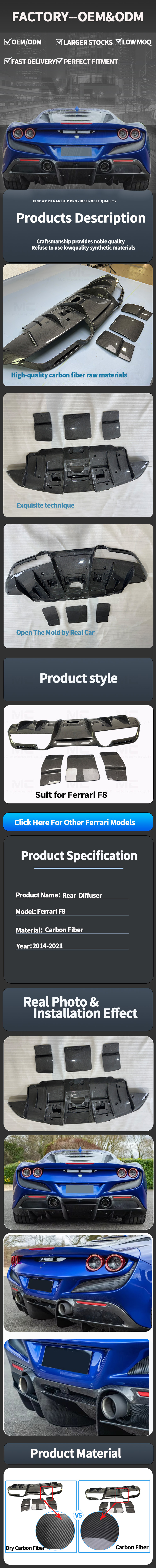 For Ferrari F8 Carbon Fiber Rear Diffuser 2014-2018