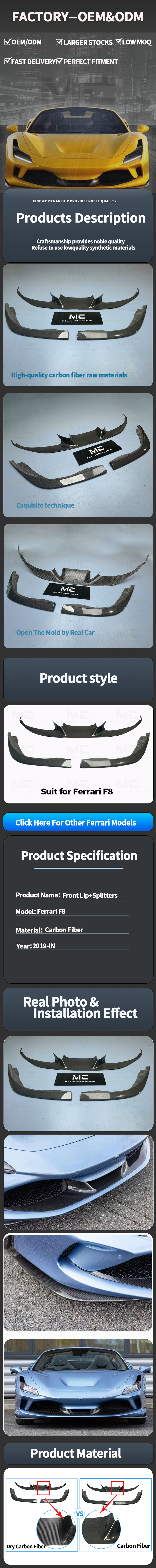For Ferrari F8 Carbon Fiber Front Bumper+Front Splitter 2019+