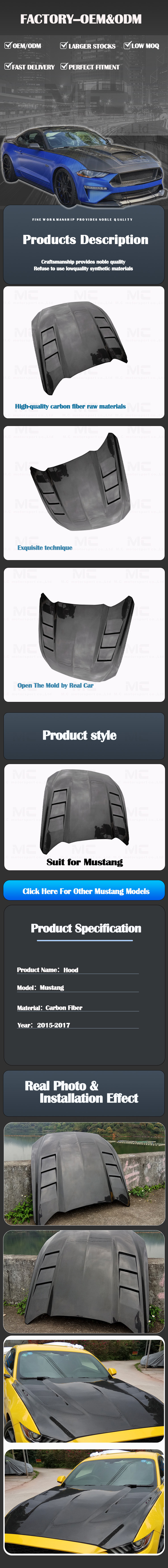 For Ford Mustang Flame Style Carbon Fiber Hood 2015-2027